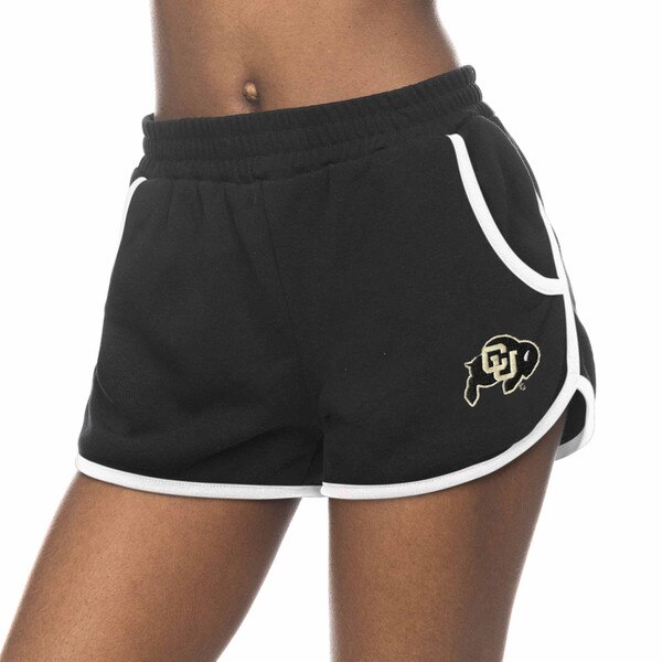 This is a pair of black short shorts with white trim on the sides, pockets, and leg hem. The C.U. buffalo logo on the left leg is black and gold.